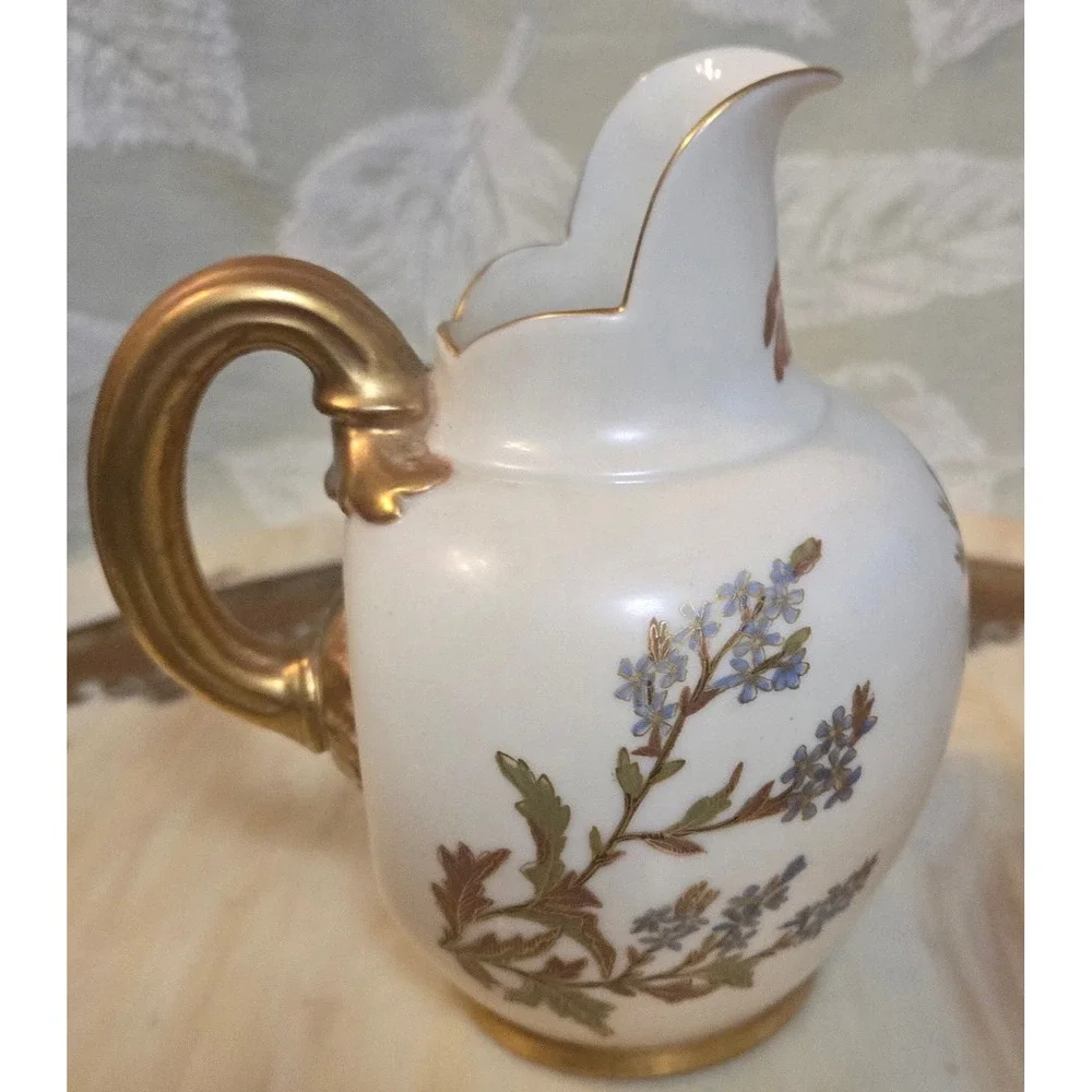 Royal Worcester Antique Floral Porcelain Pitcher Gold Gilt 1094 Dated 1891 5.5in